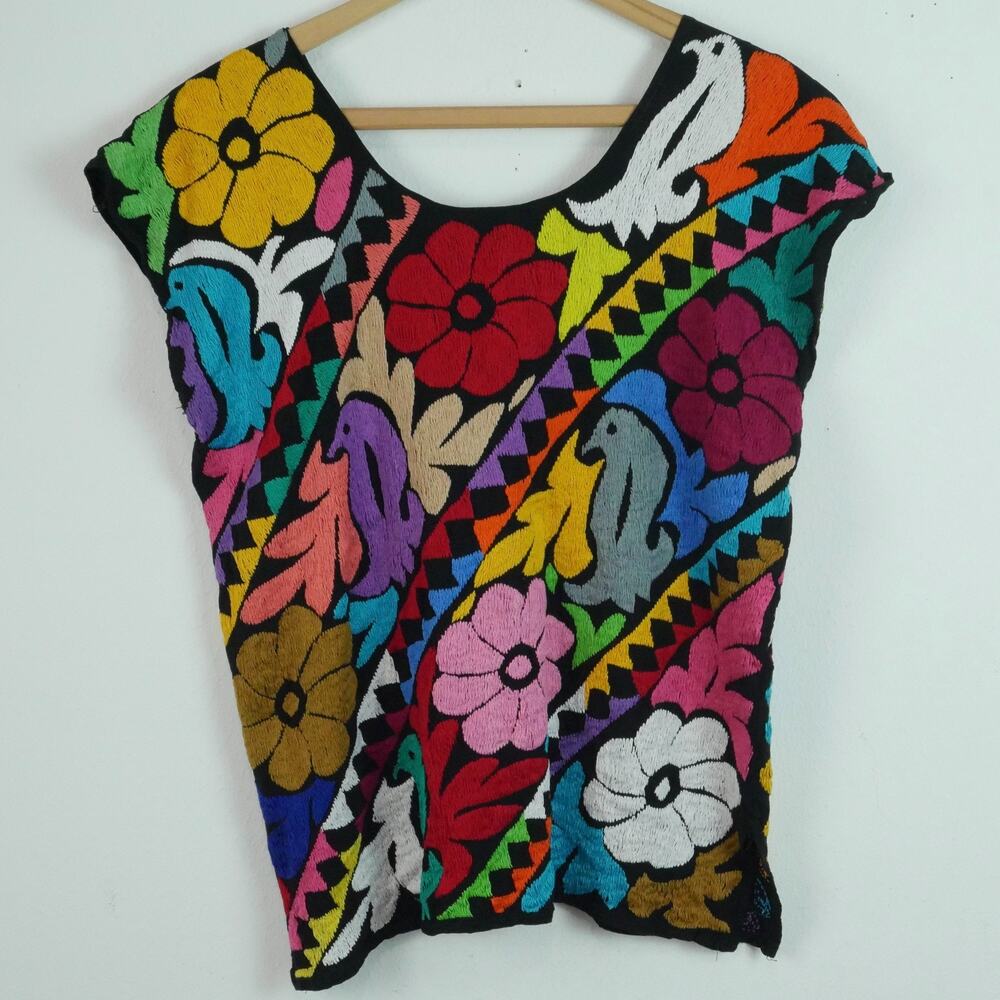 Mexican Jalapa Blouse Embroidered Huipil S M Boho Top Multicolor Bird‎ Floral